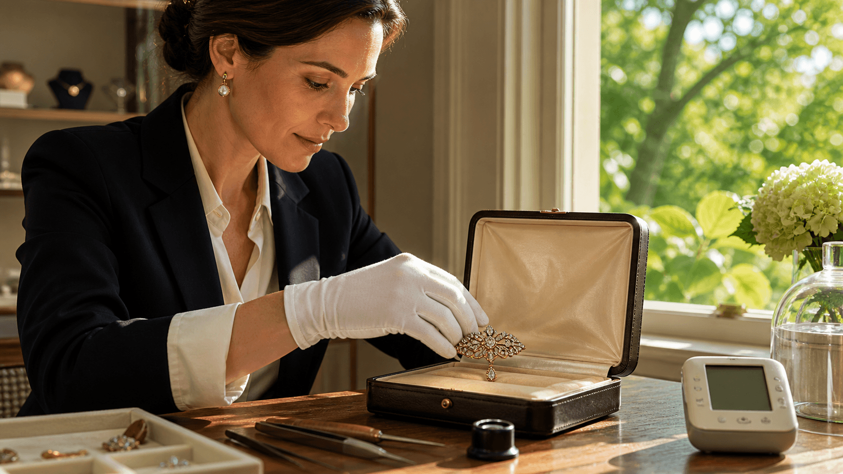 Gold heirloom rings and a pearl necklace rest on velvet beside a sunlit window with soft late-summer shadows.