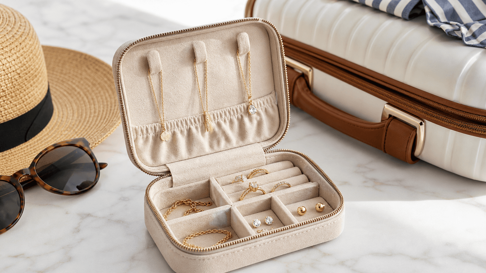 Open travel jewelry case with gold rings and necklaces on beige velvet beside a passport and sunglasses in soft light