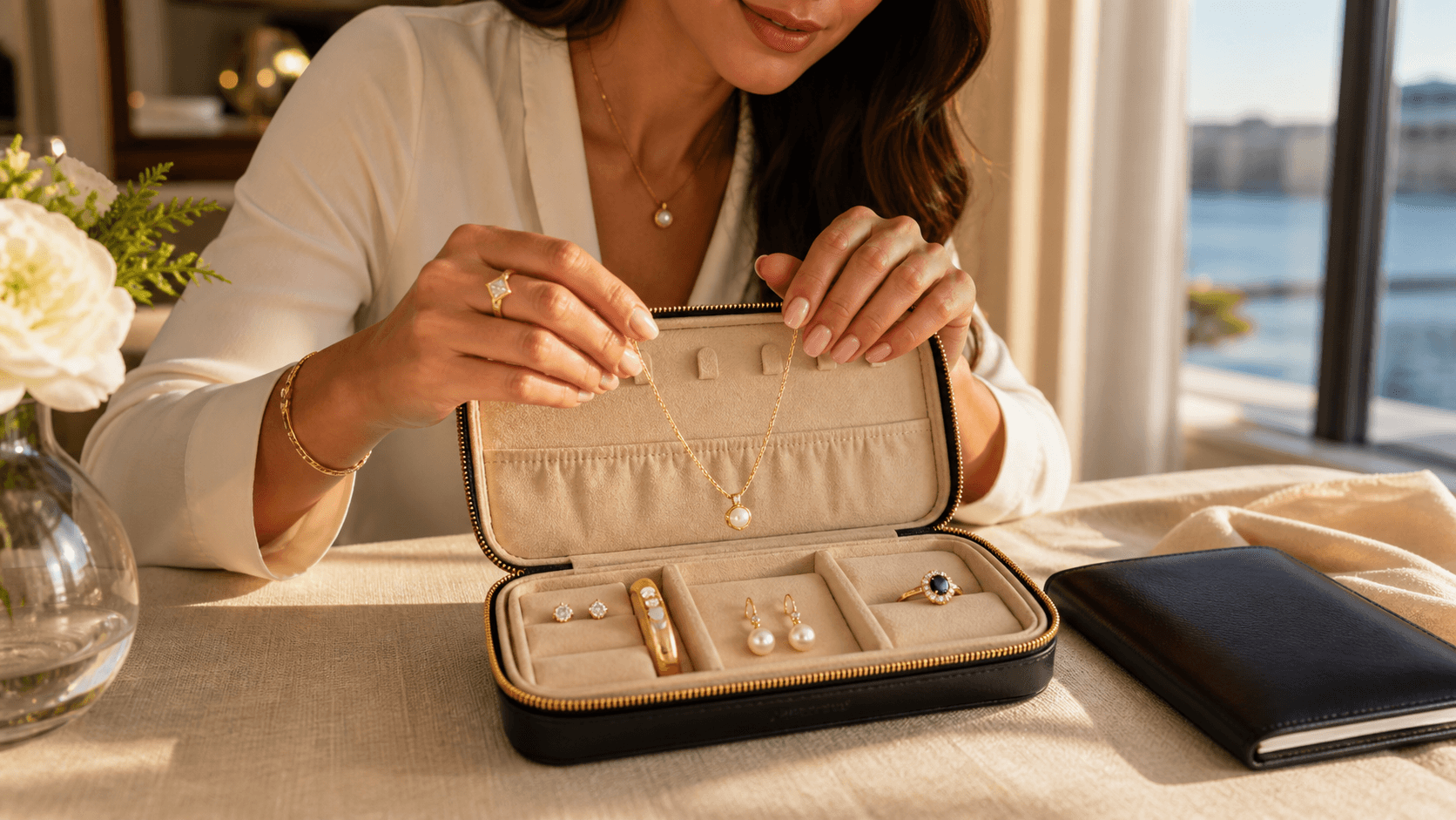 Gold rings, a pearl necklace, and gemstone earrings arranged in an open cream travel jewelry case.